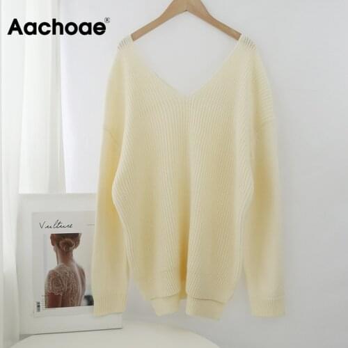 Aachoae 2020 Solid V Neck Pullover Sweater Women Loose Batwing Long Sleeve Knit Jumper Irregular Hem Fashion Sweaters Female