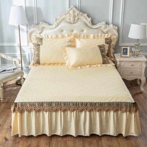 60 thread count cotton Quilted quilt Bedspread Fitted Sheet Pillowcases 2/3pcs Pure color Lace embroidery Princess Bedding