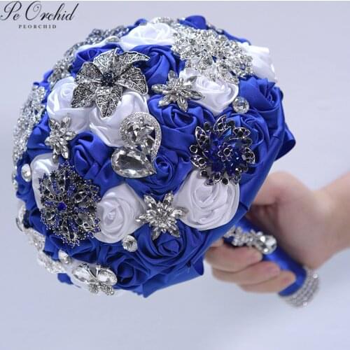 PEORCHID Blue Color Wedding Bouquets Brooch Crystal Bouquet Ribbon Ramos De Noiva Red/White/Navy Blue Bridal Bouquet
