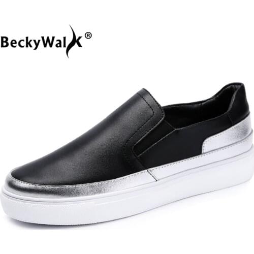 BeckyWalk New 2021 Fashion Women Sneakers Genuine Leather Slip On Flats Shoes Woman Loafers Casual Platform Ladies Shoes WSH2737