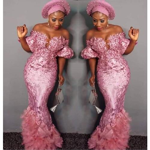 Nigerian Evening Dress Mermaid robe de soiree Evening Party Dress Feather vestido de festa longo Formal Gowns Lace Evening Gown