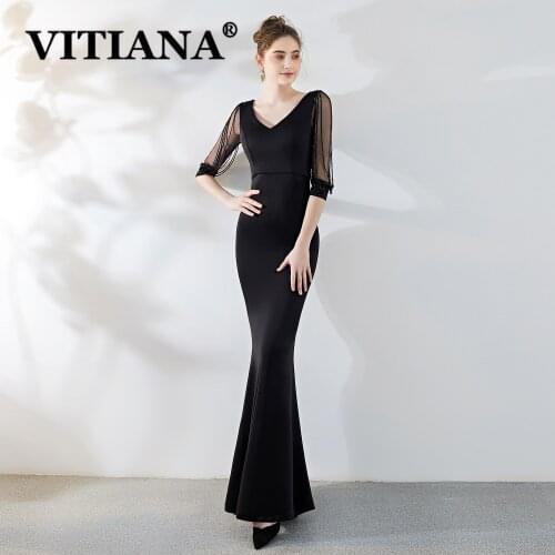 VITIANA Women Mesh Sexy Long Party Dress Female Deep V-Neck Tassels Trumpet Elegant Dresses Femme Host Noble Banquet Vestidos