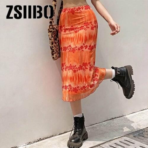 Harajuku orange floral long skirts y2k summer skirts ruffle sweet cute mid calf skirts women beach style fashion skirts bottom