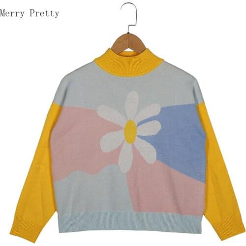 Women Sweaters Floral Embroidery Patchwork Turtleneck Knitted Pullovers 2021 Summer Casual Basic Jumper Long Sleeve Loose Tops