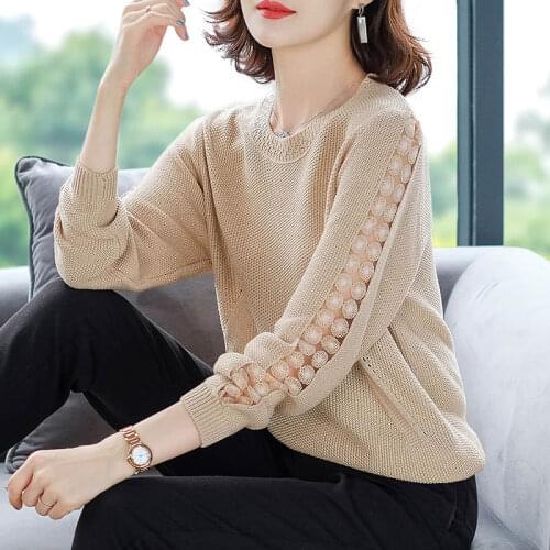Mother Wear Spring And Autumn Womens New Hollow Lace Knit Sweater Loose Round Neck Solid Color Stitching Pullover Top Traf