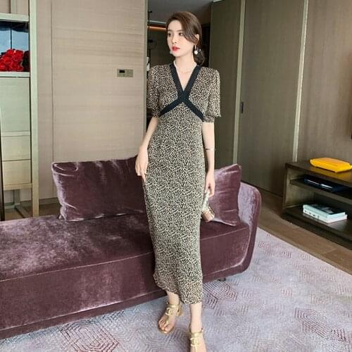 Fashion Korean Vintage Puff Sleeve Maxi Party Dress Ladies OL Elegant Robe Casual V-Neck Lace Leopard Print Chiffon Beach Dress