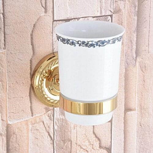 Gold Color Brass Single Toothbrush Holder With Ceramic Flower Cup Wall Mounted Bathroom Accessories aba590