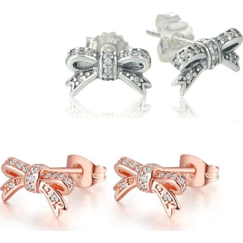 2 Colors Clear CZ Bow Shape Stud Earrings Pave Stones 925 Sterling Silver Earrings for Women Charm Jewelry Crystal Girl Earrings