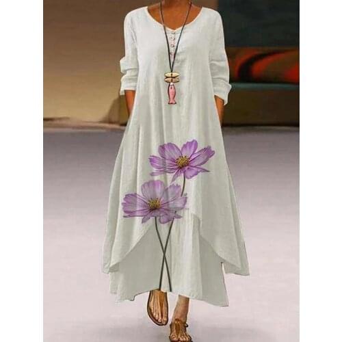 2021 Summer New Style Elegant Flower Print Long-sleeved Summer Dress Casual O-neck Loose Women Long Retro Party