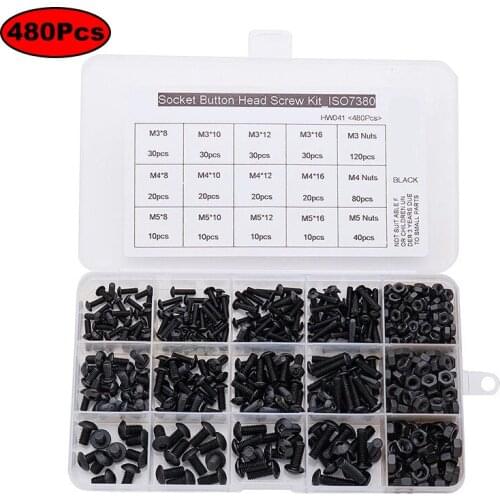 480PCS Set Blackened Grade 10.9 Semi-Circular Head Hexagon Socket Screws Round Cup Screws M3-M5