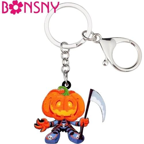 Bonsny Acrylic Halloween Pumpkin Reaper Key Chains Keychain Ring Cartoon Fashionable Jewelry For Women Girls Bag Car Charms Gift