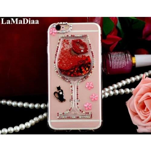 For Huawei P9 P10 P20 P30 P40 PLUS LiTE Mate10 20 30 Pro Lite Case Liquid Quicksand Bling Rhinestone Red Wine Glass Phone Cover