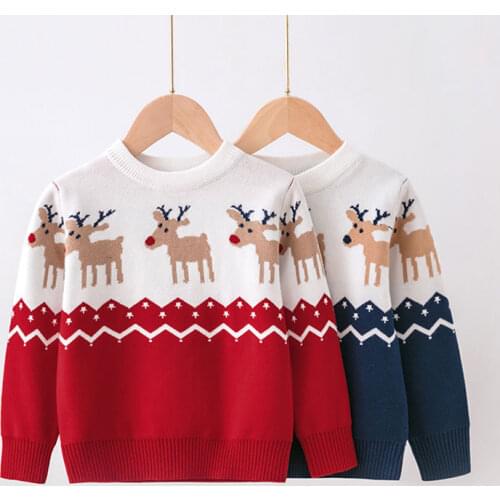 2021 Childrens Sweater Christmas Cartoon Elk Girls Boys Knitted Pullover Cotton Kids Woolen Sweater England Style Autumn Winter