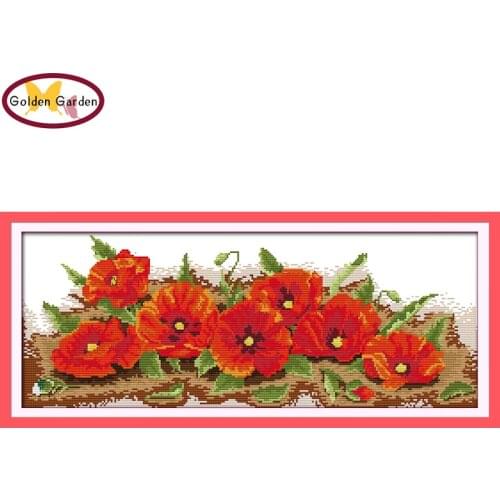 GG Seven Poppy Flower Pattern Counted Cross Stitch 11CT14CT DIY Joy Sunday Cross Stitch Embroidery Needlework Kit for Home Decor