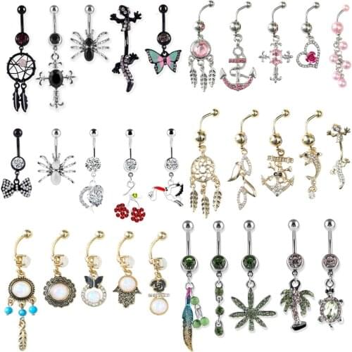 5Pcs Animal Butterfly Navel Piercing Ring Set Cute Surgical Steel Belly Ring Bar Tassel Pendant Nombril Piercing Ombligo Lot