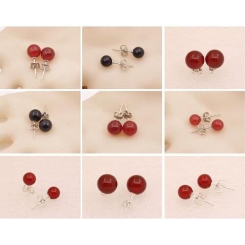 6mm 8mm 10mm Round Natural Agate Earrings AAA Onyx Silver Studs Fashion Jewelry Red Black Choose