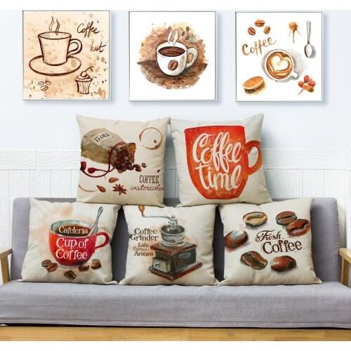 Watercolor Coffee Theme Print Cushion Cover 45*45cm Square Pillow Covers Beige Linen Throw Pillows Cases Home Decor Pillowcase