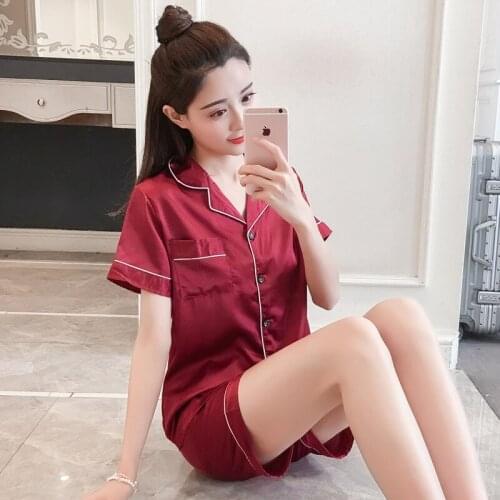 Summer Womens Silk Pajamas Womens Summer Short Sleeve Korean Version Silk Sweet Lovely Cardigan Home Clothes Set