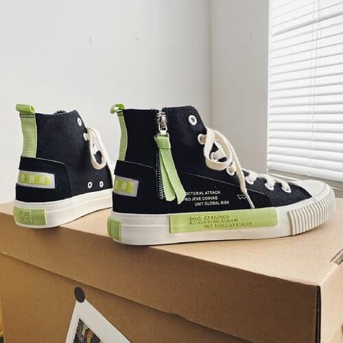 Korean Style Black Men Vulcanized Shoes Breathable High Top Canvas Sneakers for Male Trend Zipper Espadrilles Men Canvas Shoes