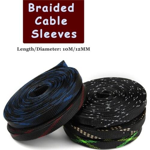 10M 12mm Nylon Braided Sleeving Wire Cable Sleeve Snakeskin Mesh Shock Tight PET Expandable 150% Wire Gland Cable Protecting