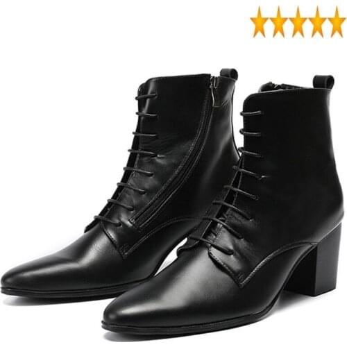 Toe Gothic Mens Rock Pointed Knight Punk Lace Up Motor Biker Cowboy Boots Runway High Top Med Heels Genuine Leather Shoes