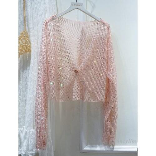 New Disco Sexy Light Diamond Crystal Mesh Shirt Top Bling Temperament Full Rhinestone Outer Wear Causla Cropped Jacket Coat