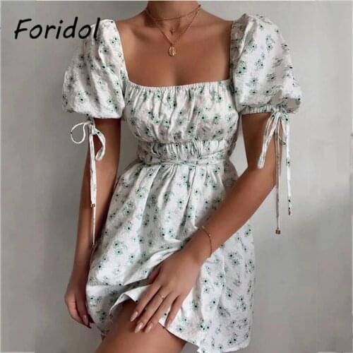 Foridol Cotton Puff Sleeve Daisy Print White Summer Dress Women Vintage Beach Holiday Hoho Short Lace Up Dress 2021 French
