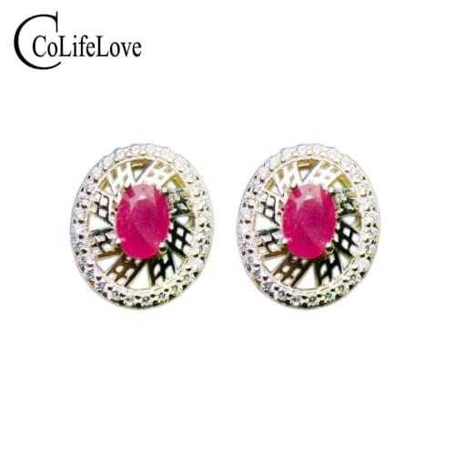 Fashion silver ruby stud earrings for weddings 4 mm * 6 mm natural ruby wedding earrings 925 silver ruby jewelry birthday gift