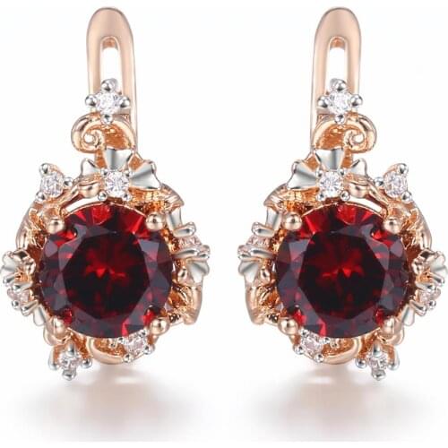 Round Paved Red Clear Cubic Zirconia Earrings 585 Rose Gold for Women Girls Stud Earrings Snap Closure Fashion Mother Gifts