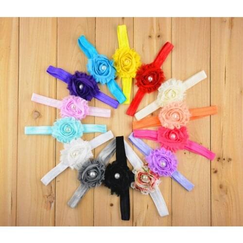 Chiffon Shabby Rosette Flower Headband with pearl center U Pick Colors