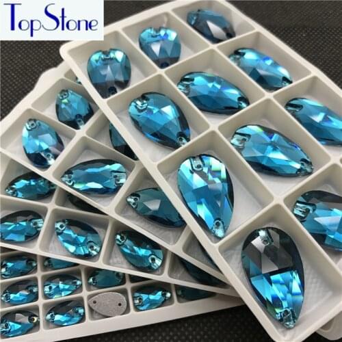 Glass Crystal Teardrop Sew On Rhinestone Blue Zircon 7x12 11x18 13x22 17x28mm Droplet sew on stone Dress garment making