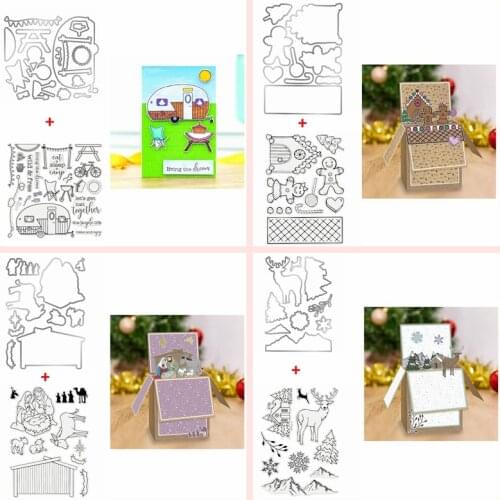 Cutting Dies With Clear Stamps Christmas Trees Camping Supplies Ornament Elf Sheep Frame Craft Paper Cards Making Template