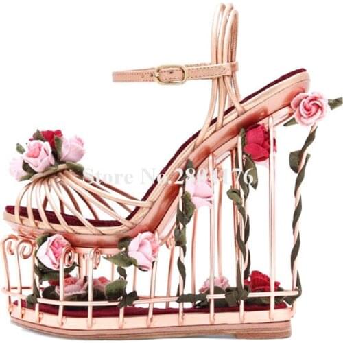 Ladies Luxury Metal Plating Rose Gold Caged Flowers High Platform Wedge Sandals Cut-out Bottom Ankle Strap Wedge Sandals