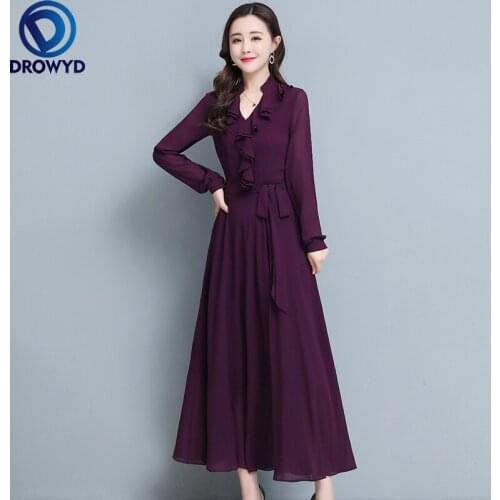 Plus Size M-3XL 2021 Spring Autumn Vestidos New Elegant V-neck Ruffles Solid Color Long Sleeve Women Chiffon Long party Dresses