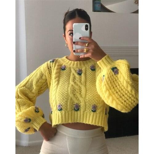 Gaono Womens Autumn Winter Round Neck Sweaters Long Lantern Sleeve Floral Pattern Cable Knit Crop Tops Casual Pullover Tops