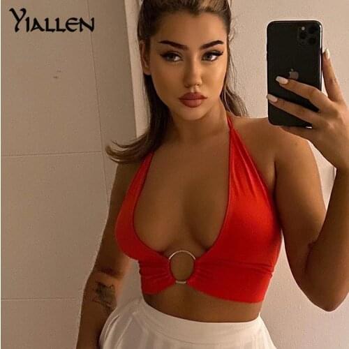 Yiallen Women Fashion Solid Color Vest Sexy Halter Backless Lace-up Deep V-neck Exposed Navel Slim Fit Tops Party Clubwear