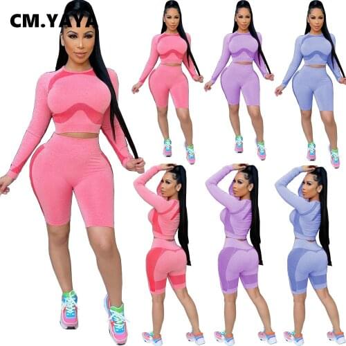 CM.YAYA Sportswear Women Two Piece Set O-neck Full Sleeve Tops Shorts Jogger Suit Tracksuit Matching Set Street Outfit
