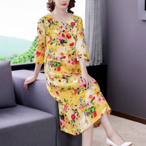 2021 Casual Yellow Print 4XL Plus Size Beach Dress Summer Vintage Elegant Floral Ramie Midi Dress Women Bodycon Party Vestidos