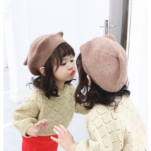 Winter children Thick warm crochet berets caps New boy girl baby artist pumpkin hats Cat ear shape gorros