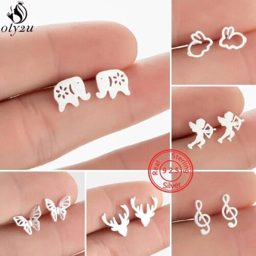 100% 925 Sterling Silver Geometric Earrings for Women Bridesmaid Jewelry Lovely Elephant Deer Rabbit Music Stud Earring Girls