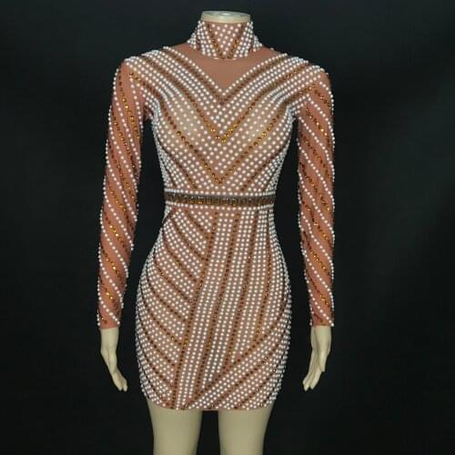 White Pearl Rhinestone Tan Color Transparent Dress Sexy Women Dance Stones Stretch Outfit Birthday Show Short Dress