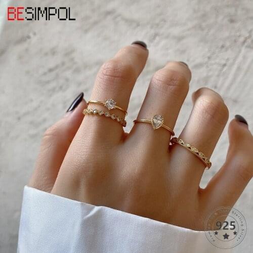 Besimpol 100% Real 925 Sterling Silver Rings Simple Geometric Zircon Combination Adjustable Ring For Women Fashion Fine Jewelry