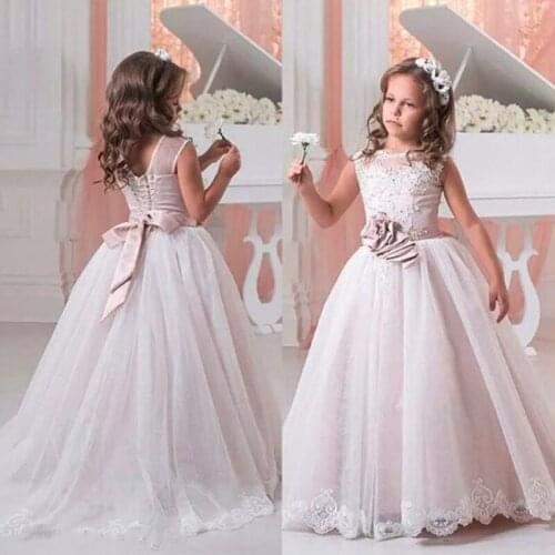 Elegant Flower Girl Dresses For Wedding Lace Appliqué Fluffy Tulle Sleeveless Birthday Party Lace Up Pageant Gowns