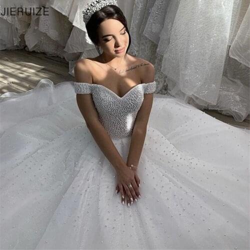 JIERUIZE White Pearls Ball Gown Luxury Wedding Dresses Off the Shoulder Lace Up Back Bridal Wedding Gowns vestido de noiva