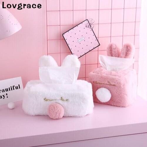 Sweet Color Pink White Plush Rabbit Tissue Box Durable Home Car Hotel Sofa Paper Tissue Holder Napkin Case Pouch Girls Gift