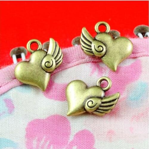 50pcs 13.5*14.3MM Antique Bronze Color Angel Wings Heart Charms Pendants For DIY Jewelry Making Necklace Findings