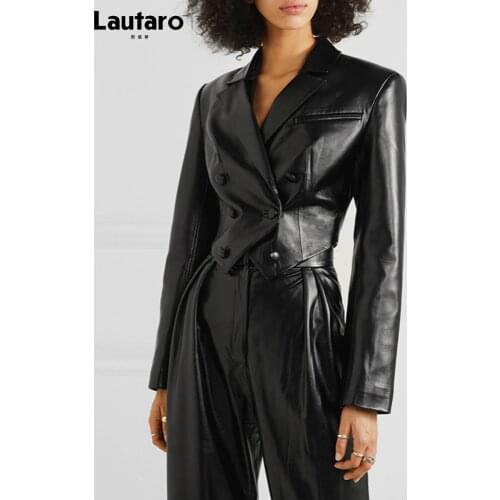 Lautaro Autumn Short Elegant Luxury Black Light Faux Leather Blazer Long Sleeve Double Breasted Womens Leather Jackets and Coats