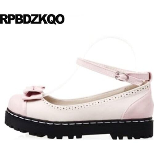 Bow chinese round toe 11 lolita japanese 10 china women flats shoes with little cute bowtie ankle strap pink designer large size