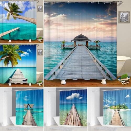 Ocean Scenery 3D Shower Curtains Sea Bridge Resort Bathroom Curtain Waterproof Polyester Bath Screen Home Decoration with Hooks