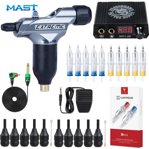 Adjustable Soft and Hard Tattoo Rotary Machine Gun LCD Mini Power Supply RCA Set Makeup Cartridges Needles Tattoo Supplies Kit
